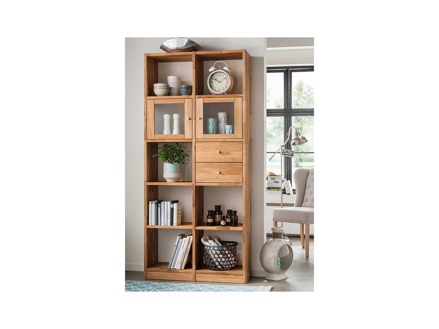 Deko Regal aus Wildeiche Massivholz Glastüren