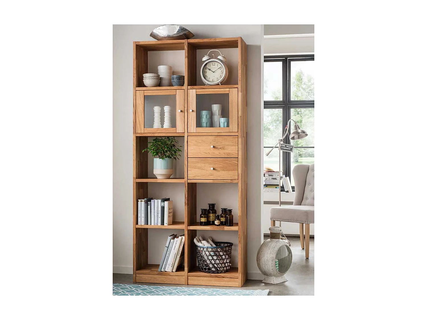 Deko Regal aus Wildeiche Massivholz Glastüren