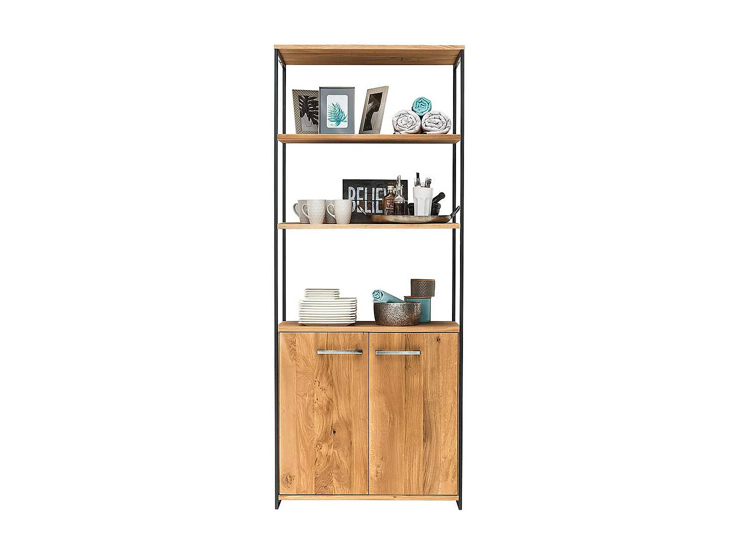 Standregal aus Wildeiche Massivholz und Stahl 2 Türen