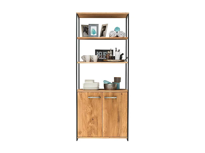 Standregal aus Wildeiche Massivholz und Stahl 2 Türen