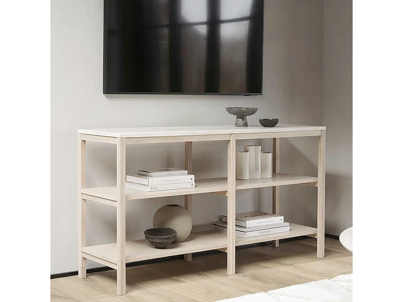 Modernes Bücher Regal in Eiche White Wash mit Marmordeckplatte 75 cm hoch
