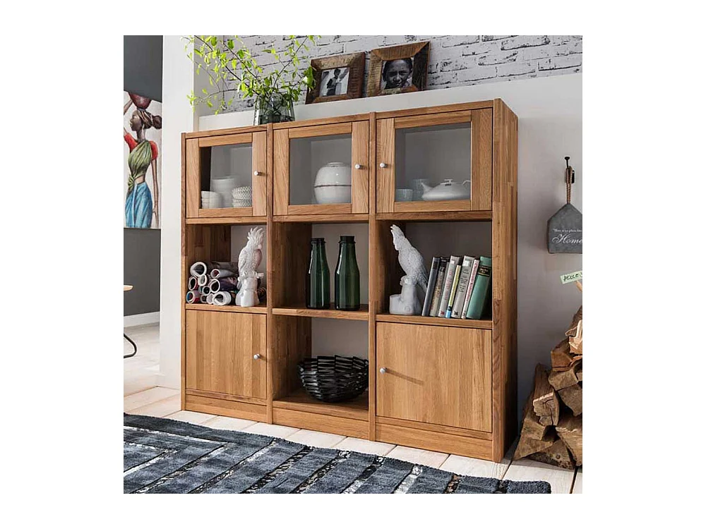 Standregal aus Wildeiche Massivholz Glastüren