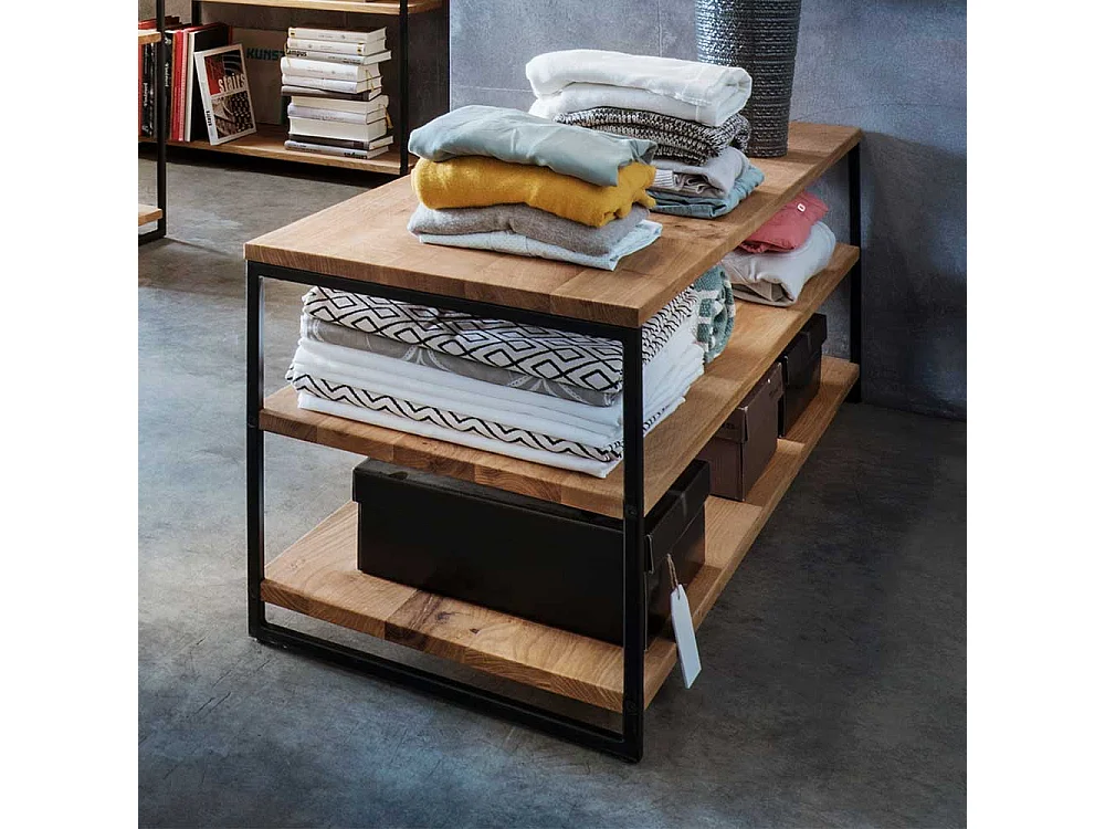 Standregal aus Wildeiche Massivholz und Stahl 46 cm hoch