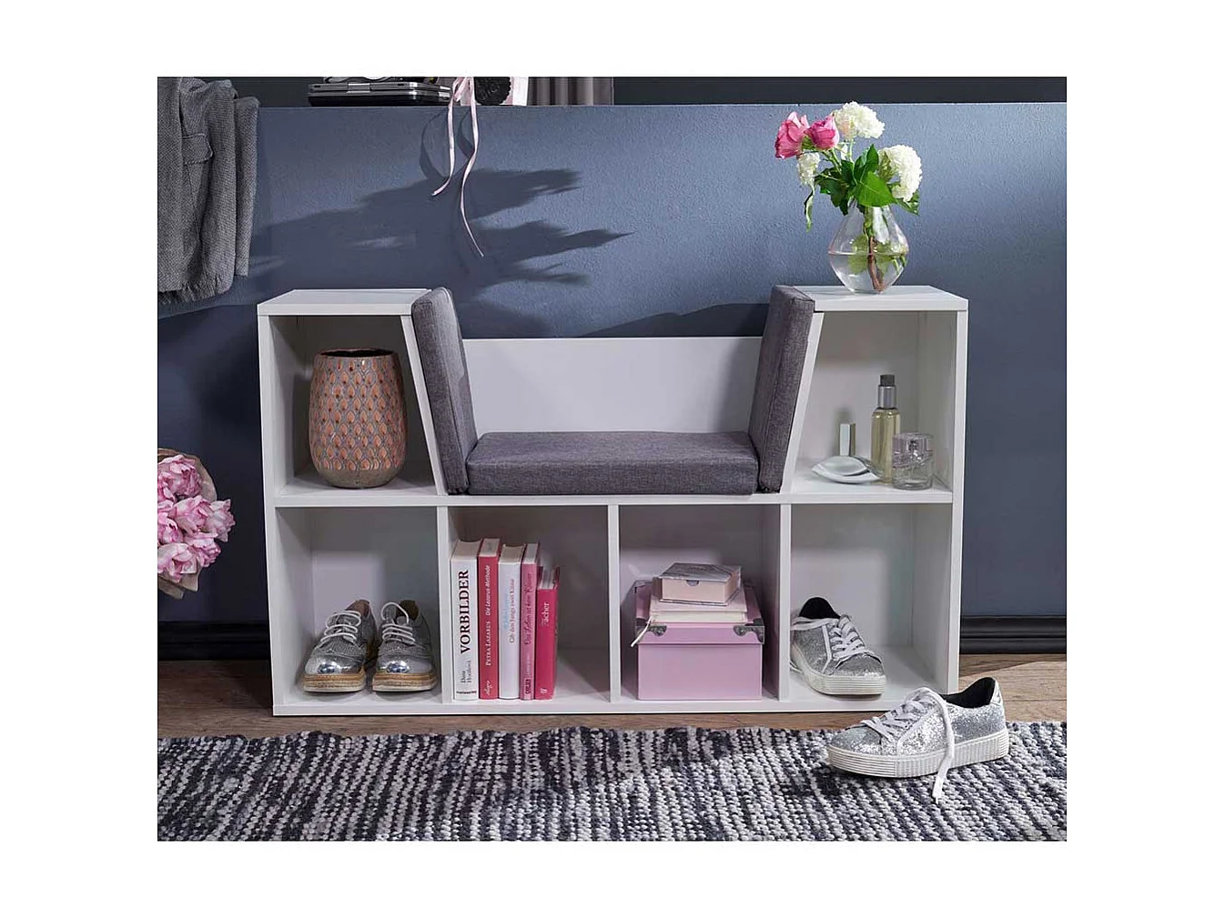 Regal mit Bank in Weiß 30 cm tief