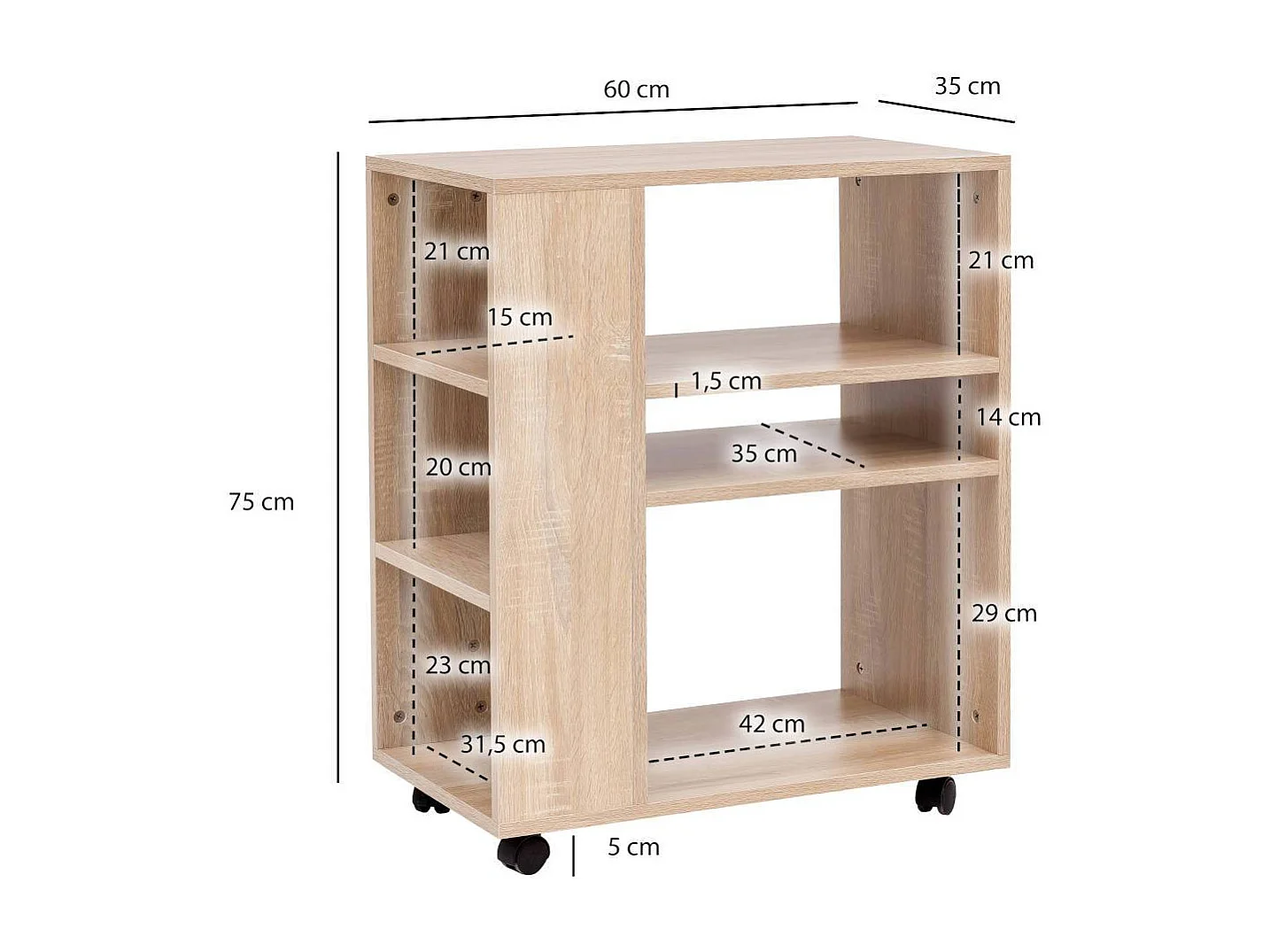 Rollen Regal in Sonoma-Eiche 75 cm hoch