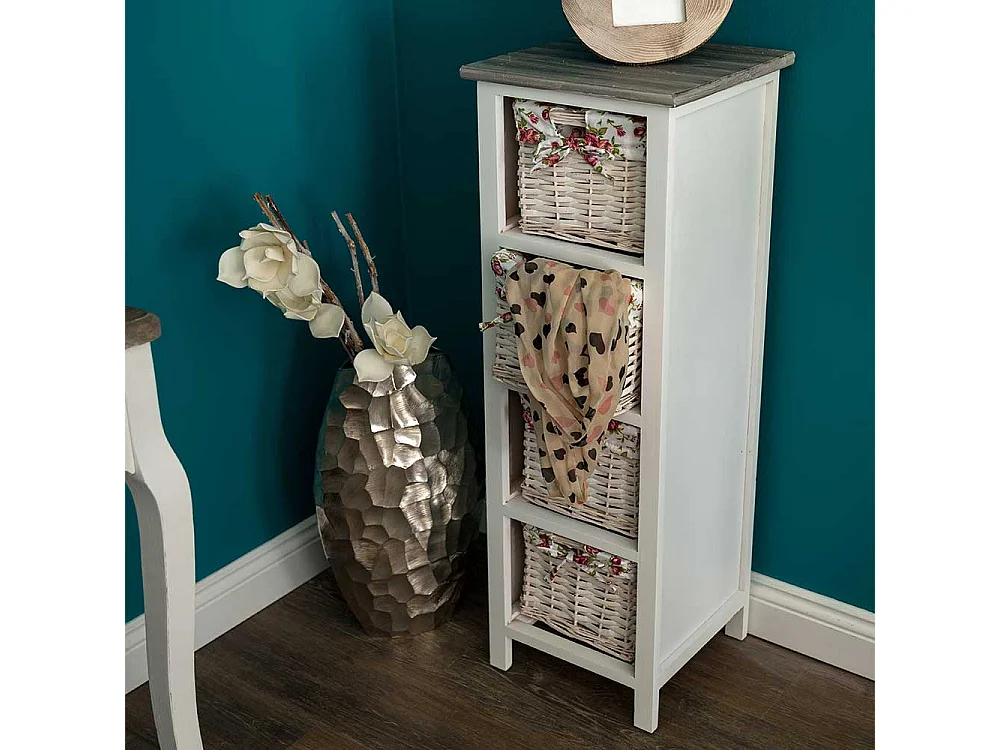 Standregal aus Holz mit drei Flechtkörben geblümtem Stoff Einsatz