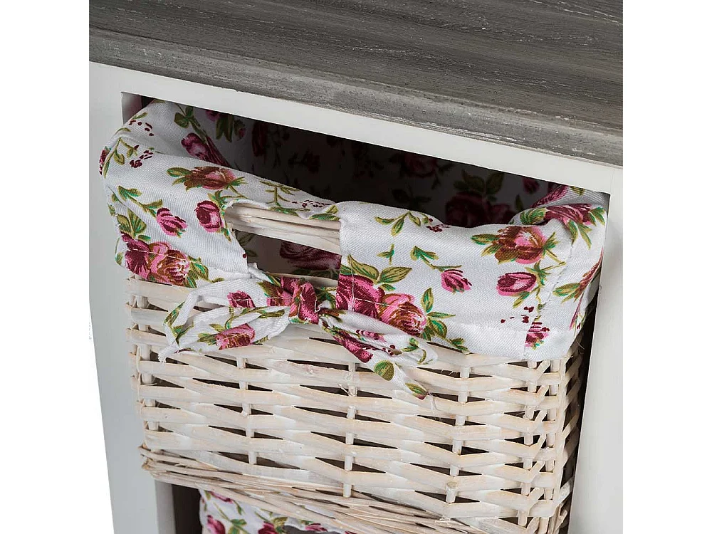Standregal aus Holz mit drei Flechtkörben geblümtem Stoff Einsatz
