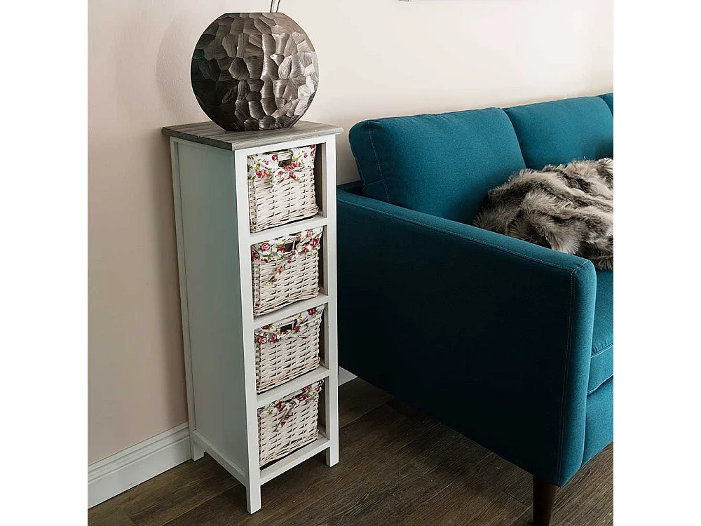 Standregal aus Holz mit drei Flechtkörben geblümtem Stoff Einsatz