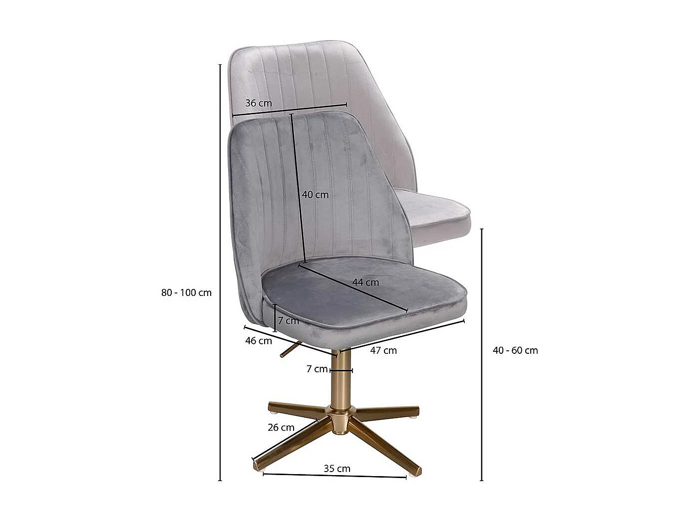 Schreibtischstuhl drehbar Samt in Grau und Goldfarben 60 cm breit