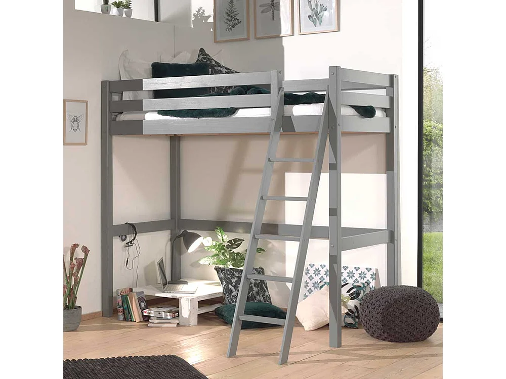 Kinderzimmer Hochbett in Grau Kiefer Massivholz