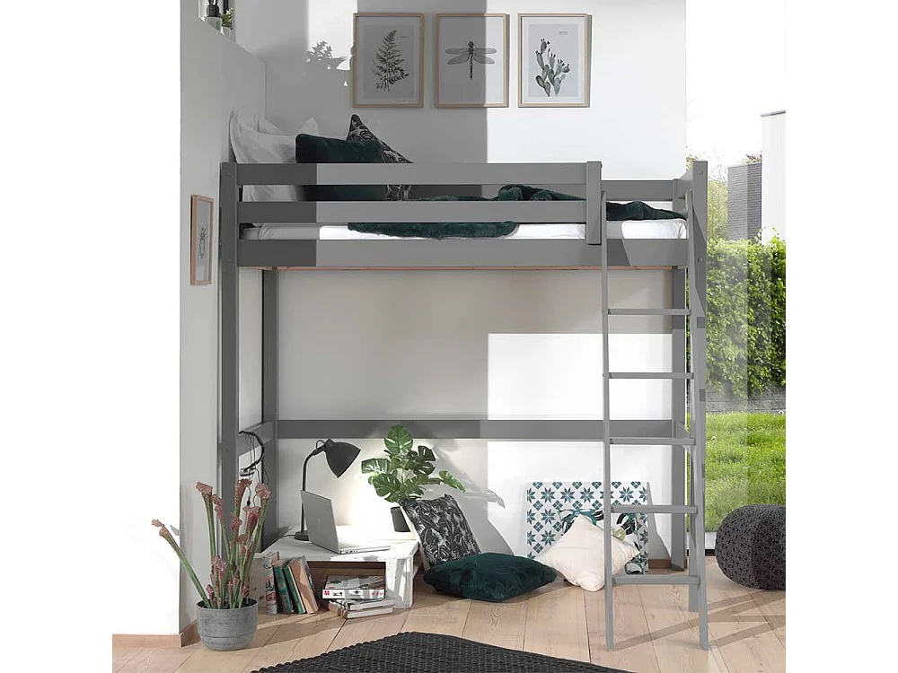 Kinderzimmer Hochbett in Grau Kiefer Massivholz