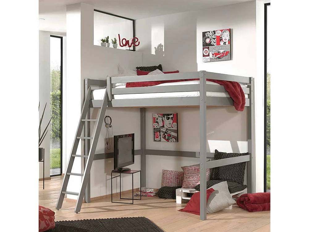 Kinderzimmer Hochbett in Grau Kiefer Massivholz