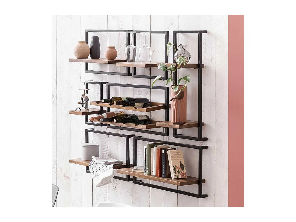 Wandregal Set aus Mangobaum Massivholz und Metall Loft Design (siebenteilig)