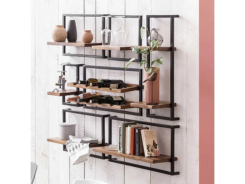 Wandregal Set aus Mangobaum Massivholz und Metall Loft Design (siebenteilig)