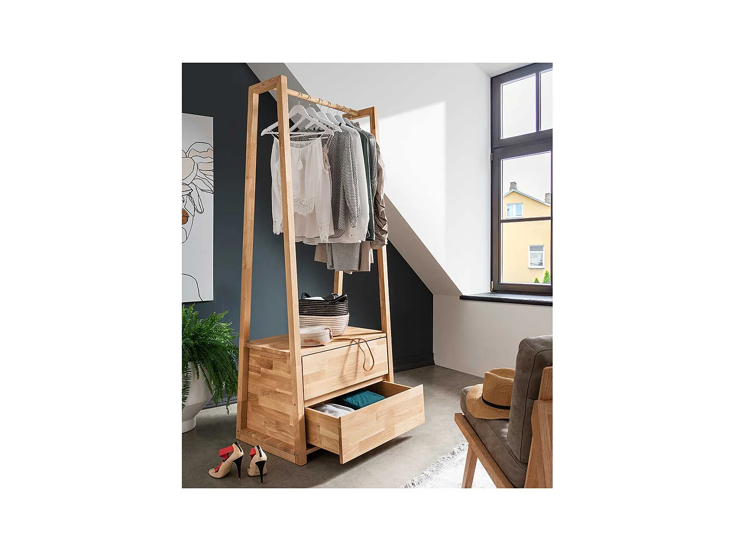 Freistehende Garderobe aus Eiche Massivholz zwei Schubladen