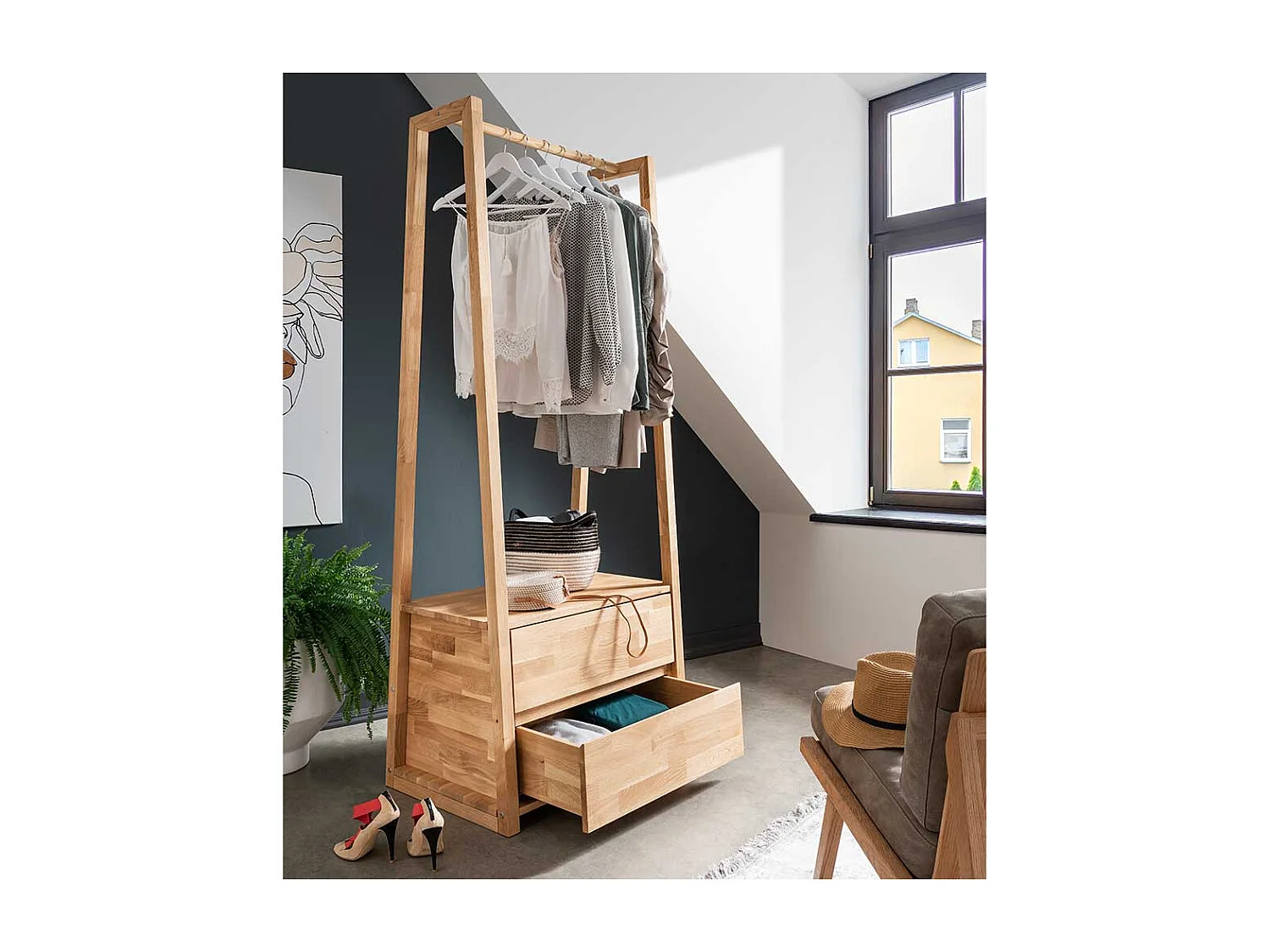 Freistehende Garderobe aus Eiche Massivholz zwei Schubladen