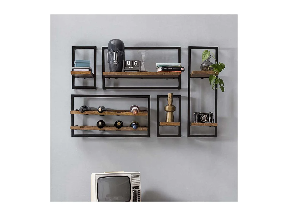 Weinregal Set aus Mangobaum Massivholz und Metall hängend (fünfteilig)