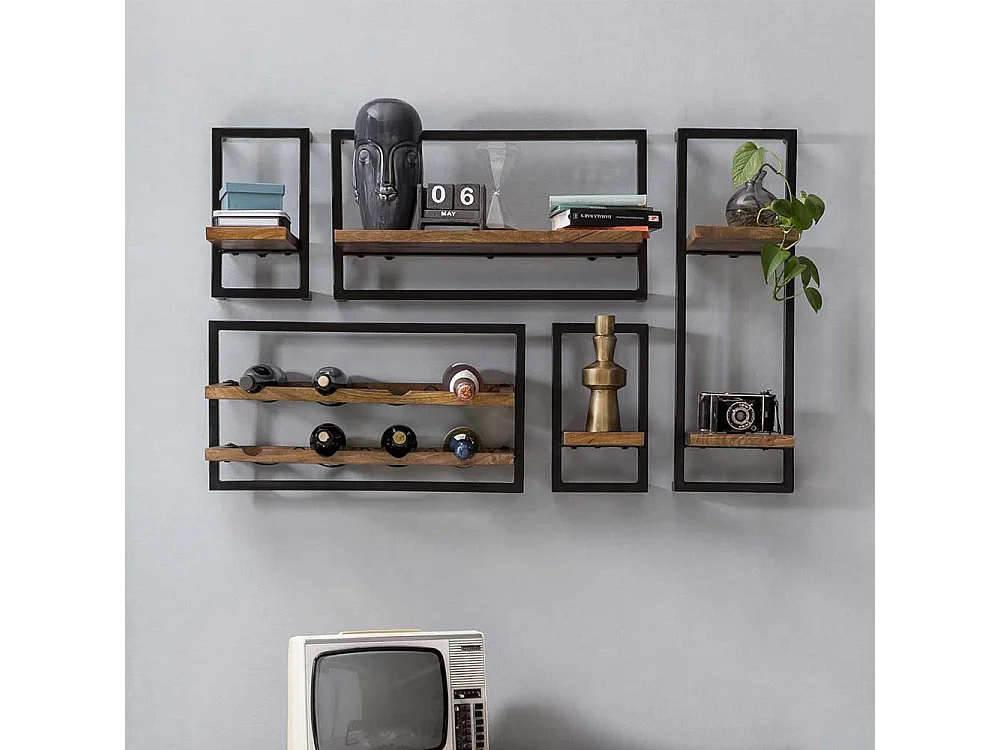 Weinregal Set aus Mangobaum Massivholz und Metall hängend (fünfteilig)