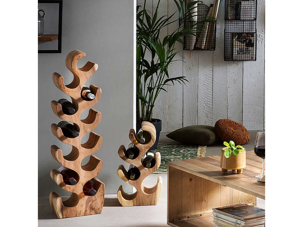 Design Flaschenregal aus Suar Massivholz geschwungener Form