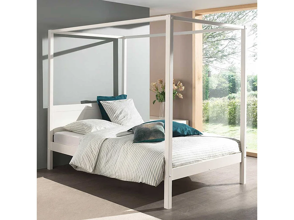 Weißes Himmelbettgestell aus Kiefer Massivholz modern