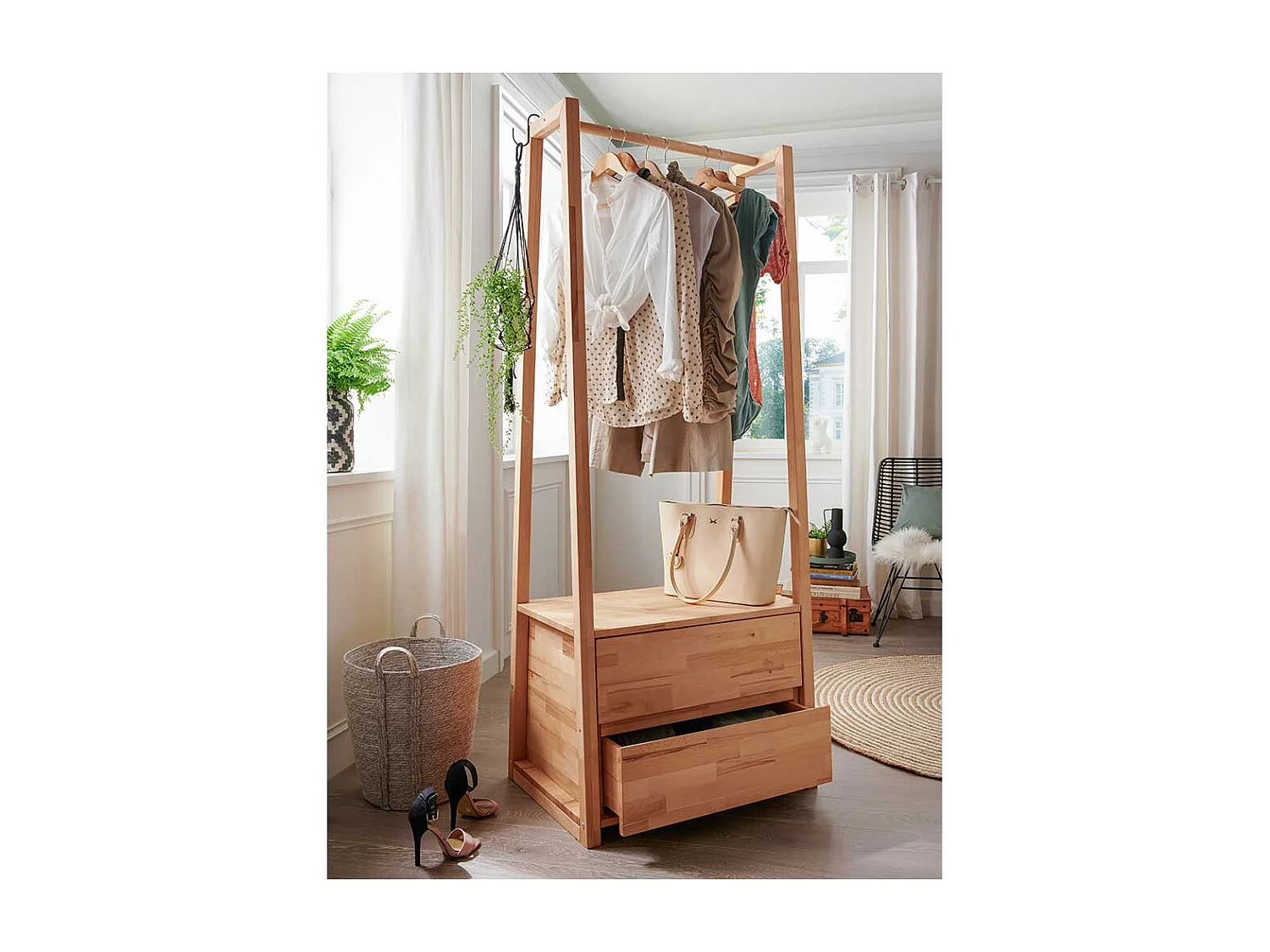 Garderobe freistehend aus Kernbuche Massivholz zwei Schubladen