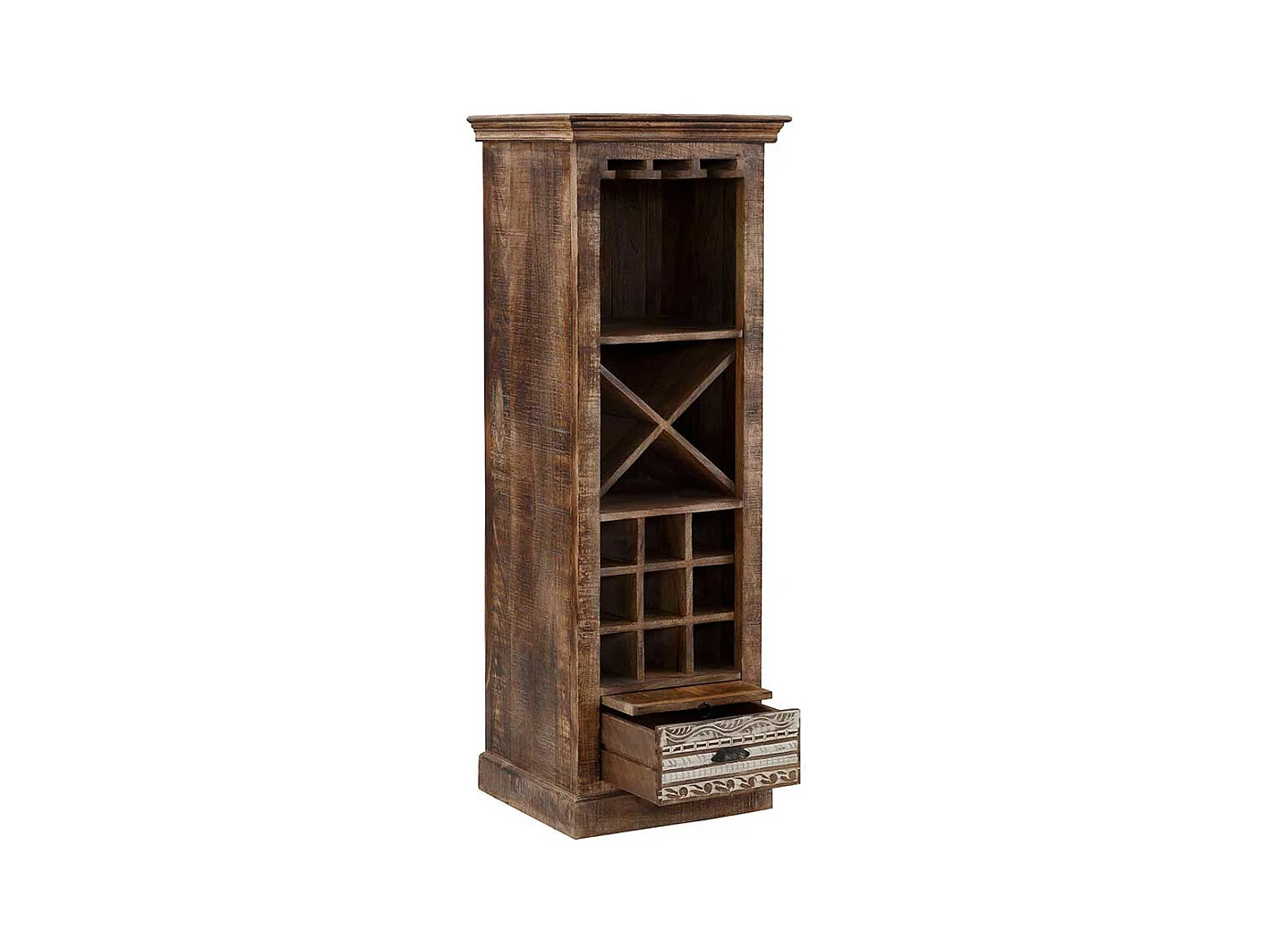 Wein Regal Holz massiv im Vintage Look einer Schublade