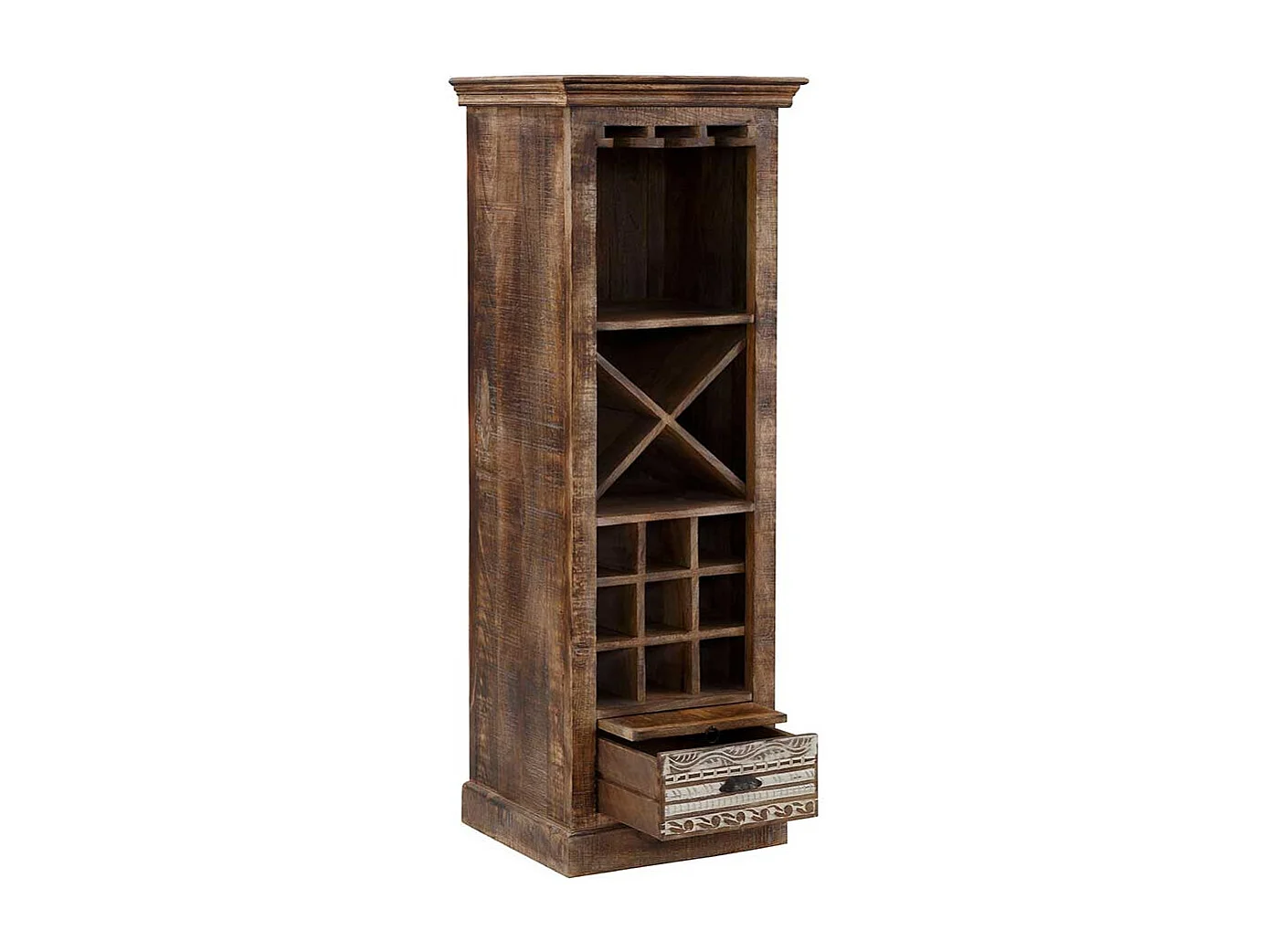 Wein Regal Holz massiv im Vintage Look einer Schublade