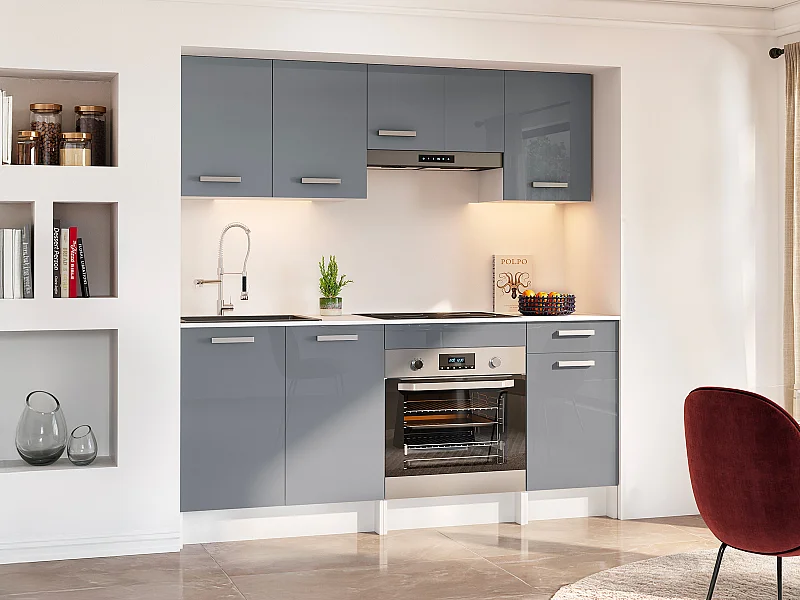 Cuisine complète - Avec plan de travail 180 cm - Gris brillant et Blanc - TRATTORIA
