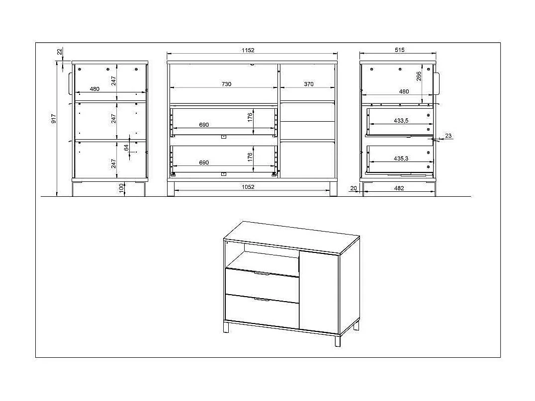 Kommode Kinderzimmer Babykommode mit zwei Schubladen und Drehtür