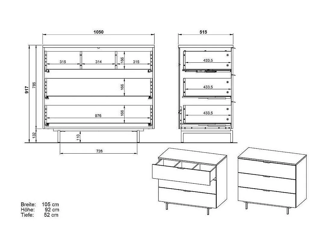 Kinderkommode Babykommode mit drei Schubladen 105 cm breit