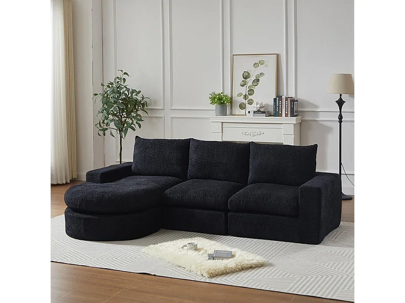 Modulare 3-Sitzer Eckcouch, mit verstellbarer gebogener Relaxliege, 3 Kissen und Nackenkissen, Chenille Stoff, Schwarz