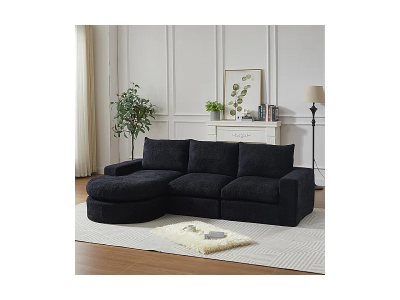 Canapé 3 places d'angle modulable, avec méridienne incurvé réversible, 3 oreillers et oreillers cervicaux, tissu chenille, Noir