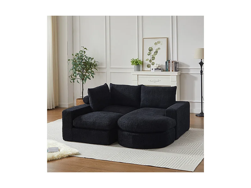 Canapé 3 places d'angle modulable, avec méridienne incurvé réversible, 3 oreillers et oreillers cervicaux, tissu chenille, Noir