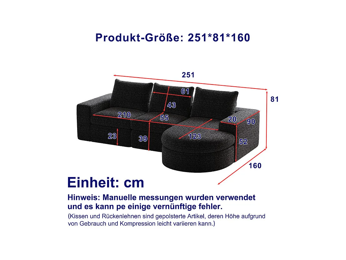 Canapé 3 places d'angle modulable, avec méridienne incurvé réversible, 3 oreillers et oreillers cervicaux, tissu chenille, Noir