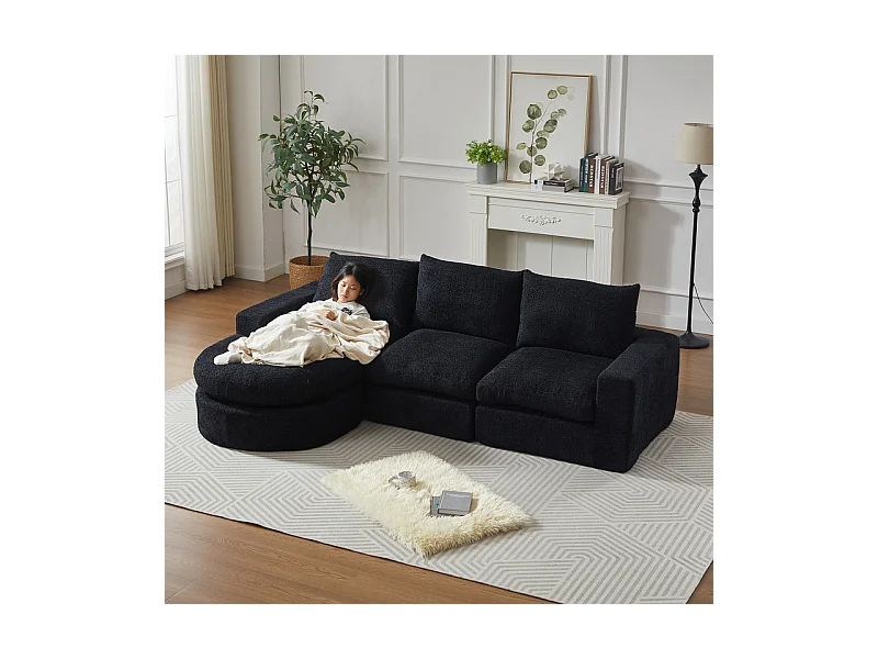 Canapé 3 places d'angle modulable, avec méridienne incurvé réversible, 3 oreillers et oreillers cervicaux, tissu chenille, Noir