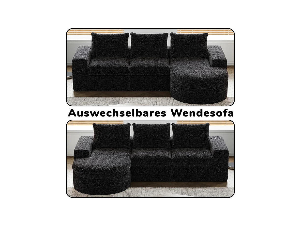 Canapé 3 places d'angle modulable, avec méridienne incurvé réversible, 3 oreillers et oreillers cervicaux, tissu chenille, Noir