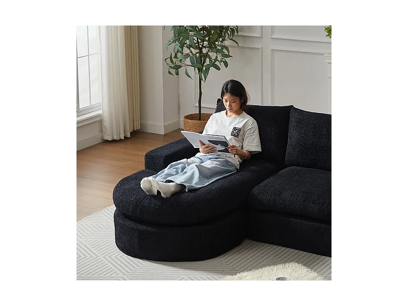 Canapé 3 places d'angle modulable, avec méridienne incurvé réversible, 3 oreillers et oreillers cervicaux, tissu chenille, Noir