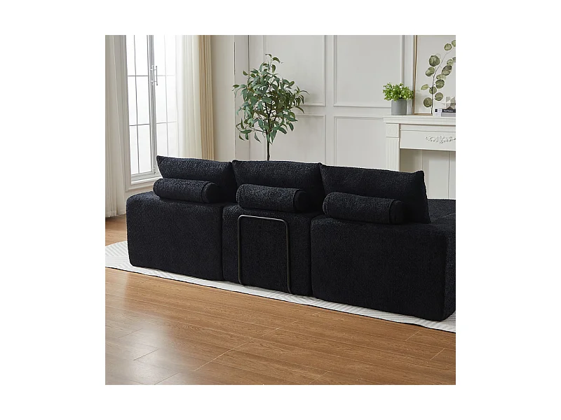 Canapé 3 places d'angle modulable, avec méridienne incurvé réversible, 3 oreillers et oreillers cervicaux, tissu chenille, Noir