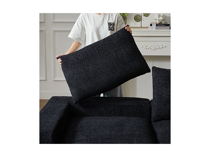 Canapé 3 places d'angle modulable, avec méridienne incurvé réversible, 3 oreillers et oreillers cervicaux, tissu chenille, Noir