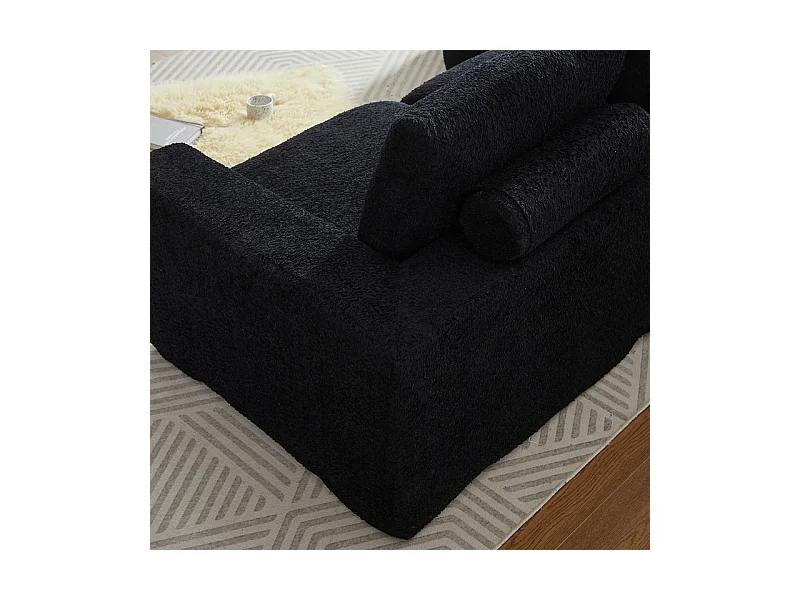 Canapé 3 places d'angle modulable, avec méridienne incurvé réversible, 3 oreillers et oreillers cervicaux, tissu chenille, Noir