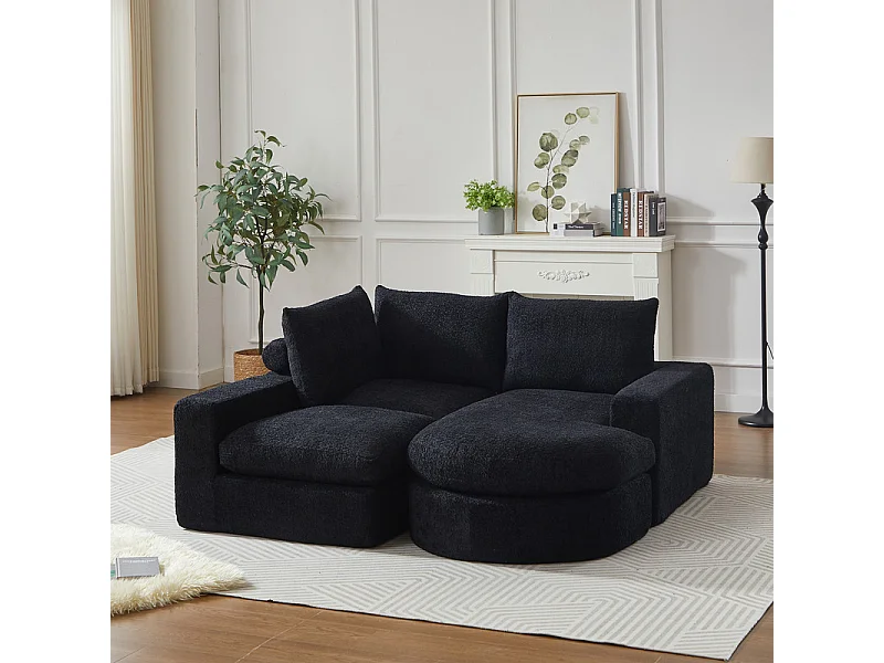 Modulare 3-Sitzer Eckcouch, mit verstellbarer gebogener Relaxliege, 3 Kissen und Nackenkissen, Chenille Stoff, Schwarz