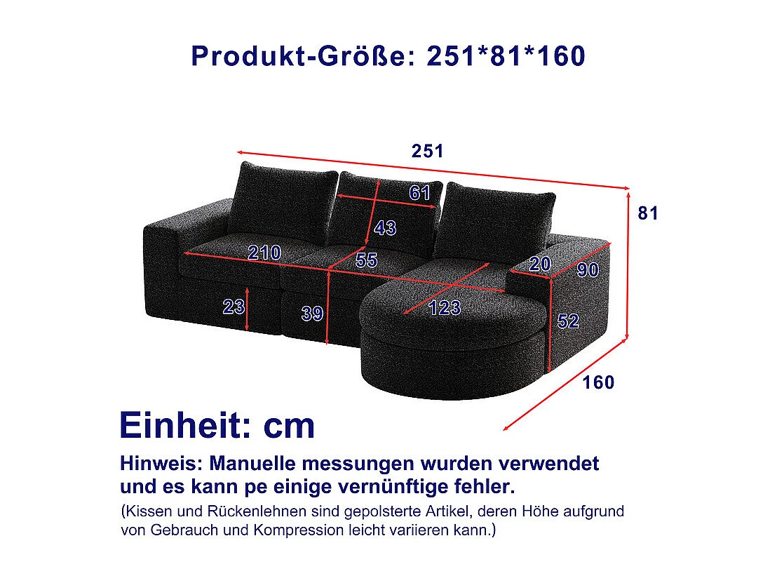 Modulare 3-Sitzer Eckcouch, mit verstellbarer gebogener Relaxliege, 3 Kissen und Nackenkissen, Chenille Stoff, Schwarz