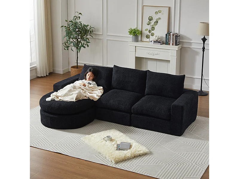 Modulare 3-Sitzer Eckcouch, mit verstellbarer gebogener Relaxliege, 3 Kissen und Nackenkissen, Chenille Stoff, Schwarz