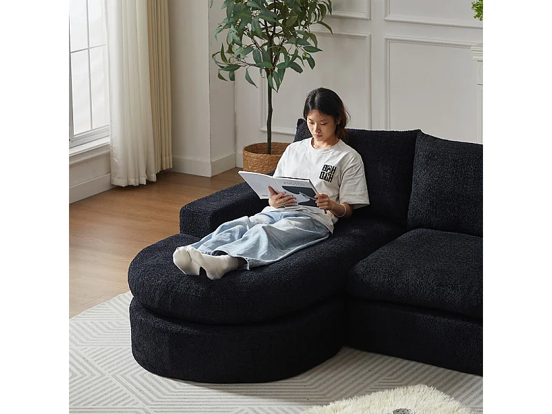 Modulare 3-Sitzer Eckcouch, mit verstellbarer gebogener Relaxliege, 3 Kissen und Nackenkissen, Chenille Stoff, Schwarz