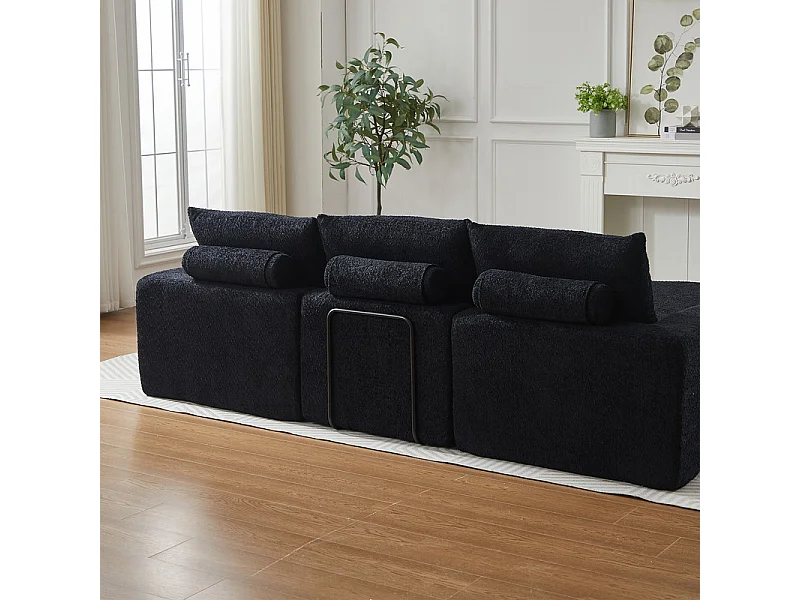 Modulare 3-Sitzer Eckcouch, mit verstellbarer gebogener Relaxliege, 3 Kissen und Nackenkissen, Chenille Stoff, Schwarz