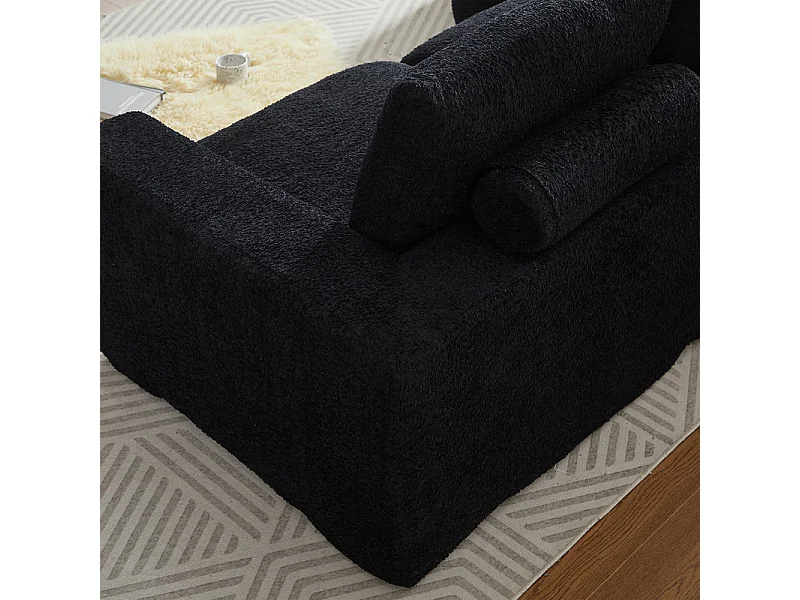 Modulare 3-Sitzer Eckcouch, mit verstellbarer gebogener Relaxliege, 3 Kissen und Nackenkissen, Chenille Stoff, Schwarz