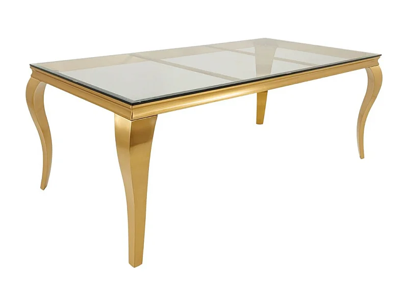 Table de salle à manger VELENA – Rectangulaire 200 cm – Verre trempé et acier doré – Style baroque chic