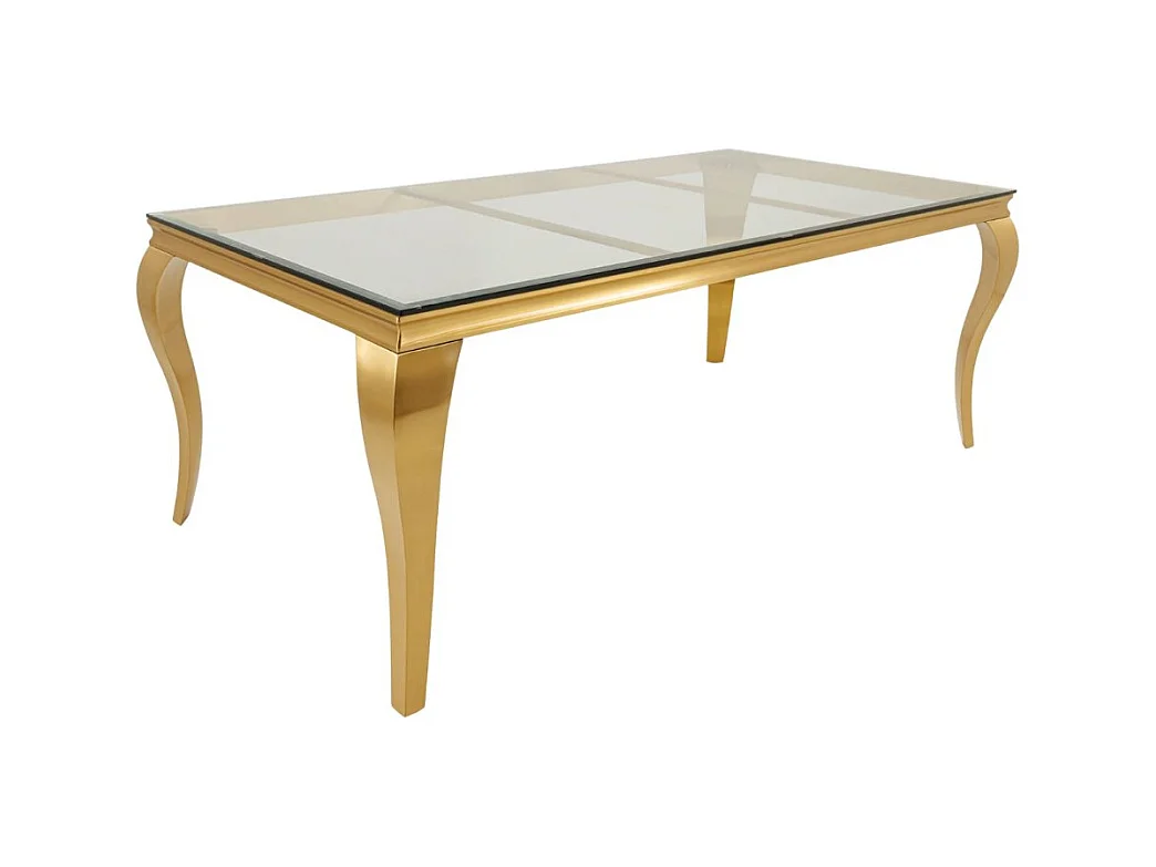 Table de salle à manger VELENA – Rectangulaire 200 cm – Verre trempé et acier doré – Style baroque chic
