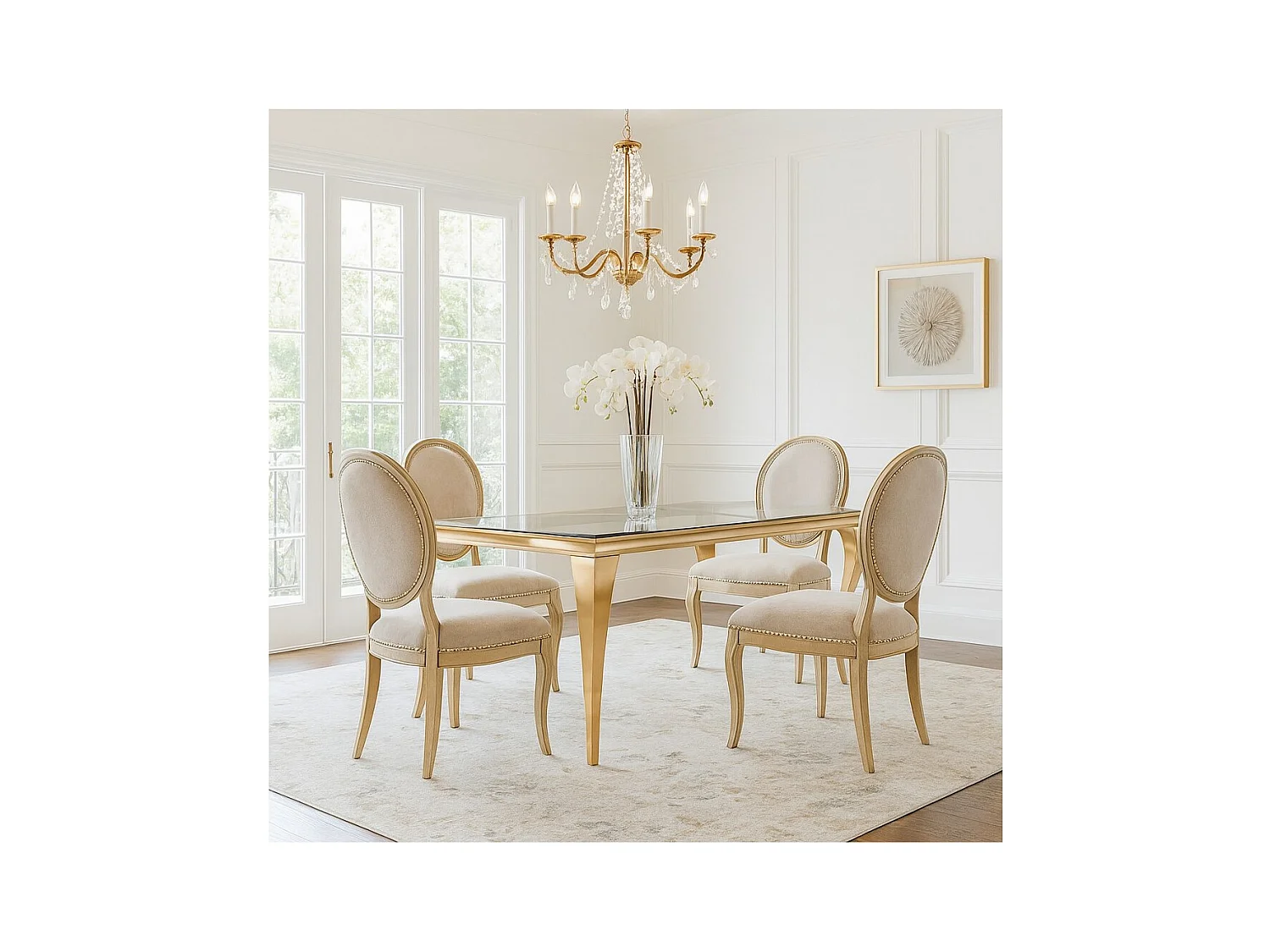 Table de salle à manger VELENA – Rectangulaire 200 cm – Verre trempé et acier doré – Style baroque chic