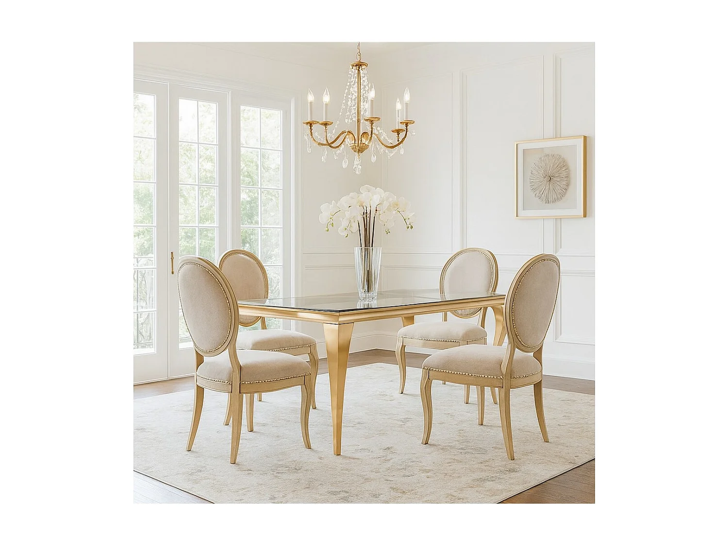 Table de salle à manger VELENA – Rectangulaire 200 cm – Verre trempé et acier doré – Style baroque chic